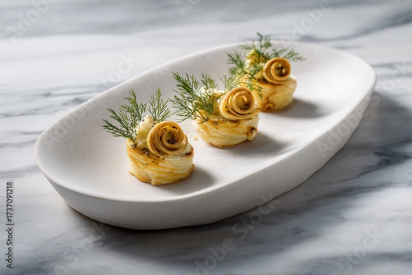 Fototapeta Karjalanpiirakka gourmet presentation - hyperrealistic photography showing elevated version of Finnish pastries with premium ingredients, artistic plating and sophisticated restaurant style.