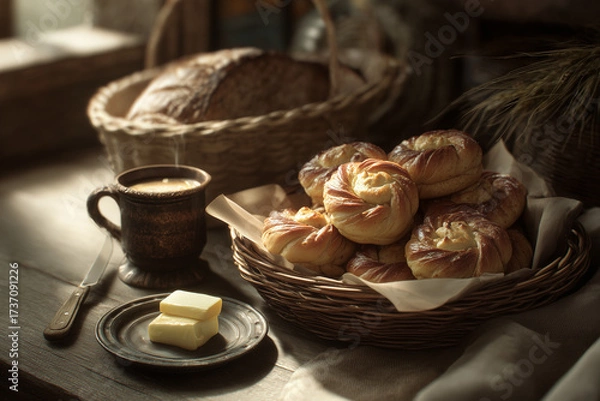 Fototapeta Karjalanpiirakka alternative homely presentation - hyperrealistic view showing Finnish pastries in different home setting with traditional accompaniments and warm family cooking atmosphere.
