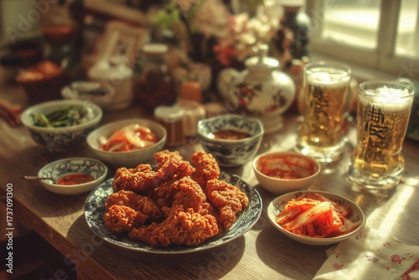 Fototapeta Korean fried chicken alternative home setting - hyperrealistic view showing different presentation style with family meal context, capturing everyday comfort food appeal and homemade authenticity.