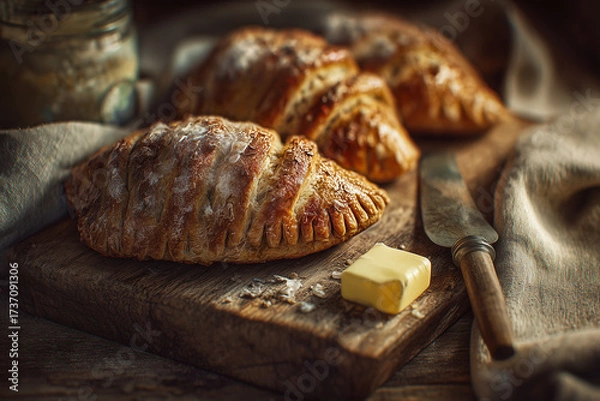 Fototapeta Karjalanpiirakka rustic traditional setting - hyperrealistic view showing authentic Finnish pastries in countryside environment with wooden elements and genuine cultural heritage atmosphere.