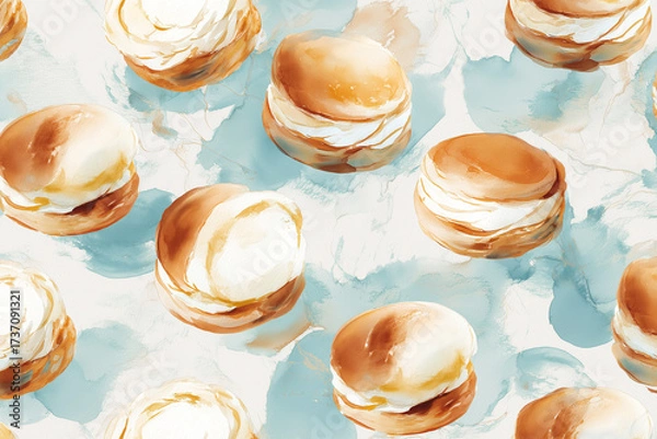 Fototapeta Karjalanpiirakka watercolor illustration capturing traditional Finnish pastries with characteristic shape and filling in artistic style, showing cultural food heritage with soft color blends.
