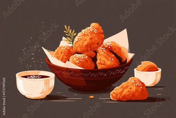 Fototapeta Korean fried chicken alternative vector illustration showing different presentation style with bold colors and clean shapes for versatile culinary design and food marketing applications.