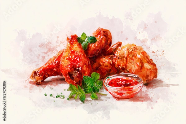Fototapeta Korean fried chicken watercolor illustration showing crispy golden chicken with glossy sauce coating in artistic style, capturing popular Asian street food with vibrant colors and texture.