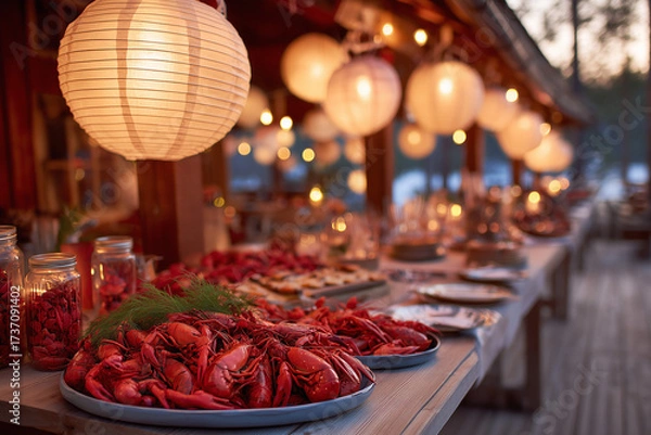 Fototapeta Kräftskiva outdoor festival scene - hyperrealistic photography capturing Swedish crayfish party in natural setting with traditional decorations, communal tables and joyful celebration atmosphere.