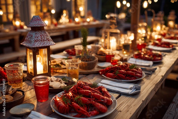 Fototapeta Kräftskiva festive outdoor celebration - hyperrealistic photography showing traditional Swedish crayfish party in garden setting with lanterns, singing and summer night atmosphere.