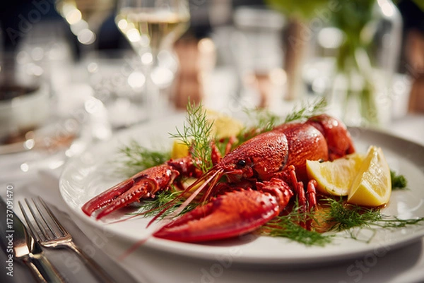 Fototapeta Kräftskiva in gourmet restaurant setting - hyperrealistic photography showing premium crayfish presentation with sophisticated plating, fine ingredients and upscale Swedish dining experience.