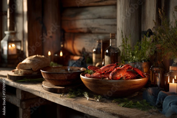 Fototapeta Kräftskiva in rustic kitchen setting - hyperrealistic view showing traditional Swedish crayfish feast with homemade preparation, simple plating and authentic family celebration atmosphere.