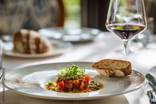 Fototapeta Lecs in fine dining presentation - hyperrealistic photography showing elegant plating of Hungarian layered pancakes with gourmet jam fillings, powdered sugar art and restaurant sophistication.