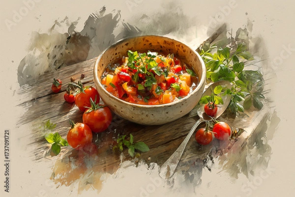 Fototapeta Lecs watercolor food illustration showing delicate pancake layers with jam filling in artistic style, capturing traditional Hungarian dessert with soft colors and textured brush work.