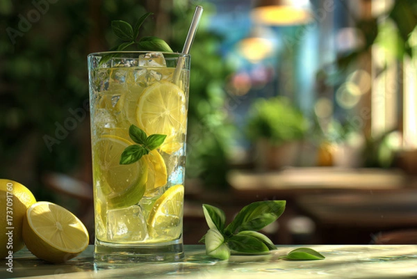 Fototapeta Lemon basil lemonade in casual café setting - hyperrealistic photography showing refreshing drink served in tall glass with straw, lemon wedges and fresh basil in relaxed café environment.