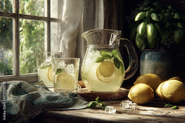 Fototapeta Lemon basil lemonade in cozy home kitchen - hyperrealistic view showing homemade drink in pitcher with fresh ingredients, capturing summer refreshment and family kitchen atmosphere.