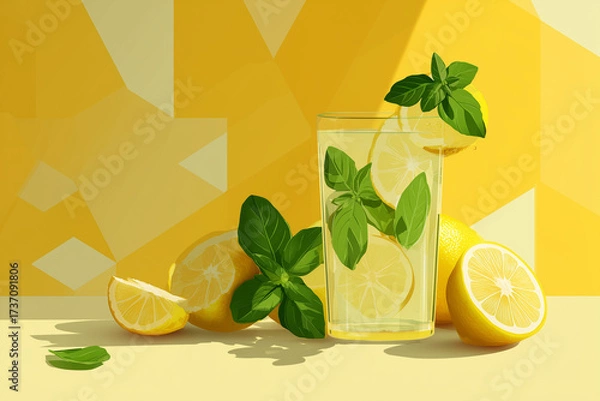 Fototapeta Lemon basil lemonade - refreshing herbal drink with citrus and basil flavors in modern vector illustration showing glass with lemon slices and basil leaves in clean graphic style.
