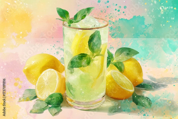 Fototapeta Lemon basil lemonade watercolor illustration capturing transparent liquid texture, floating lemon slices and basil leaves with soft color blends and artistic drink presentation style.