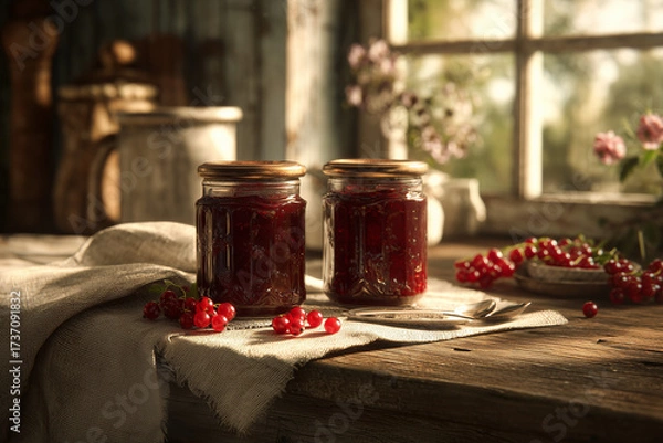 Fototapeta Lingonberry jam in cozy home kitchen - hyperrealistic view showing homemade preserve in jar with bread, butter and kitchen elements, capturing warm family breakfast atmosphere and homemade charm.
