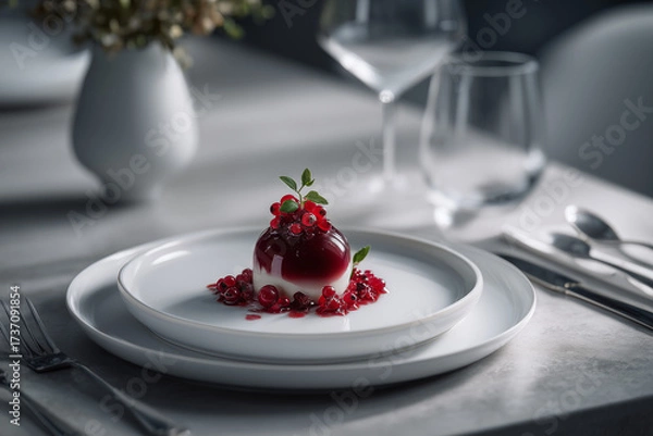 Fototapeta Lingonberry jam in fine dining context - hyperrealistic photography showing premium jar presentation as accompaniment to gourmet dishes, highlighting rich color and texture in restaurant setting.