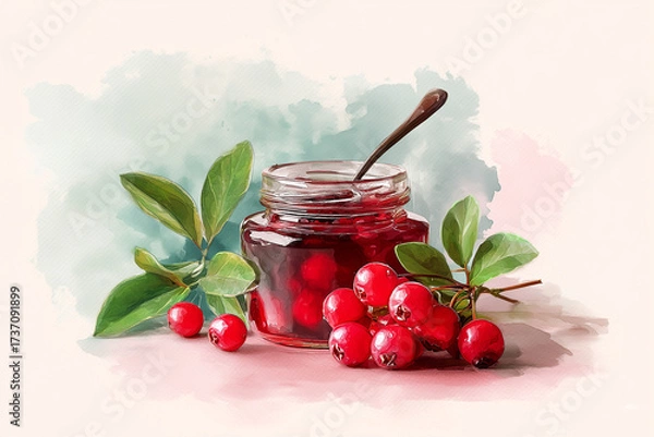 Fototapeta Lingonberry jam watercolor illustration showing delicate berry textures and vibrant red colors in artistic style, capturing the natural beauty of Scandinavian berry preserves with soft brush strokes.