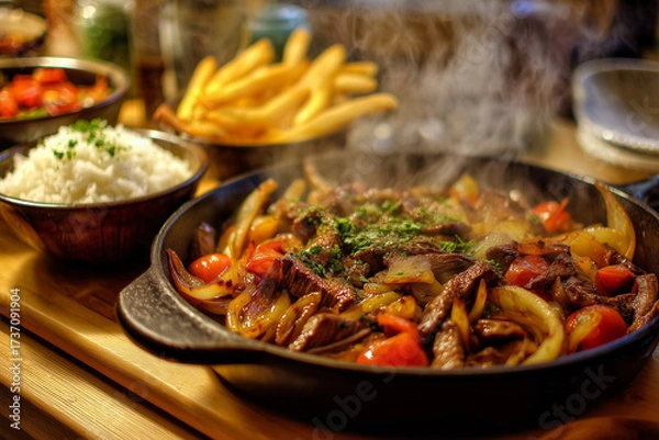 Fototapeta Lomo Saltado in home kitchen setting - hyperrealistic photography showing sizzling beef strips with tomatoes and onions served over rice with golden fries, capturing homemade comfort food appeal.