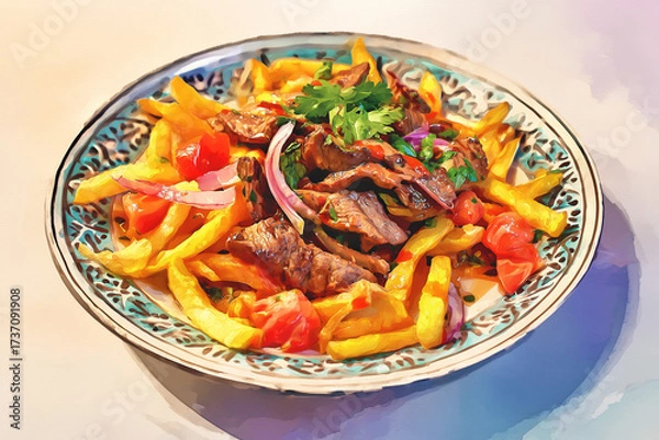 Fototapeta Lomo Saltado artistic watercolor painting capturing the vibrant colors and textures of this Peruvian beef stir-fry, with soft blends showing beef, vegetables and golden fries in artistic style.