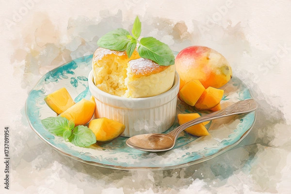 Fototapeta Mango soufflé artistic watercolor painting showing delicate texture and vibrant mango colors, capturing the light and airy nature of this French tropical dessert in soft brush strokes.