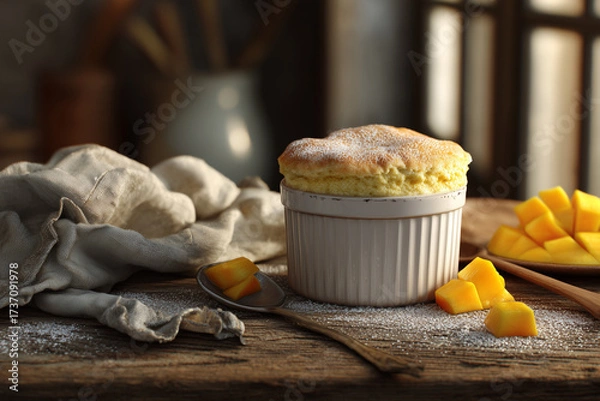 Fototapeta Mango soufflé in cozy home baking setting - hyperrealistic view of freshly baked dessert straight from oven, showing homemade charm with simple plating and warm kitchen atmosphere.