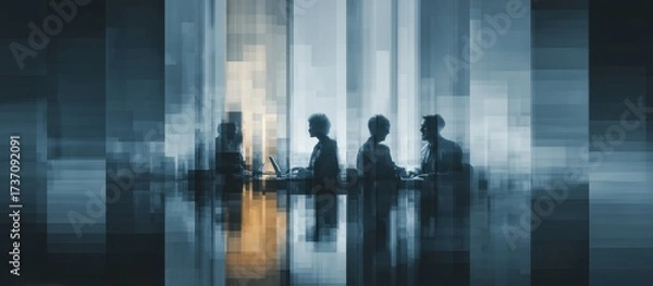 Fototapeta Business people silhouettes in abstract digital meeting representing technology and collaboration