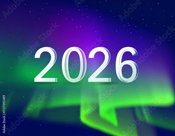 Fototapeta Realistic glowing aurora borealis in night sky with “2026” numbers floating