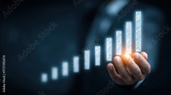 Fototapeta Businessman hand holding a glowing bar graph symbolizing financial growth and success.