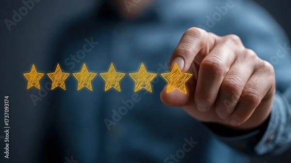 Fototapeta Man hand placing a five star rating for excellent customer feedback and service quality.