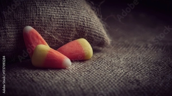 Fototapeta Colorful candy corn pieces resting on rustic burlap fabric in warm lighting to evoke autumn and festive holiday charm