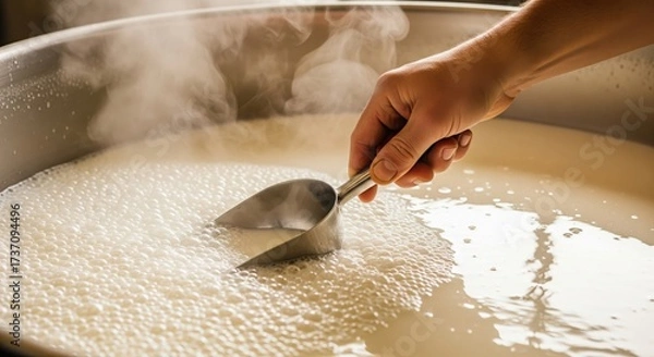 Fototapeta cheesemaker stirring hot, steaming milk in a large steel vat. The process of making cheese or pasteurizing at a local dairy farm.