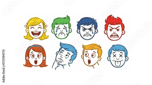 Fototapeta Illustration showing eight cartoon faces with different expressions and colorful hair styles in a row