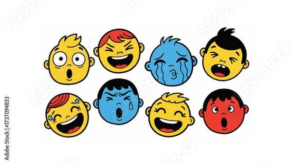 Fototapeta Cartoon illustration of eight expressive faces showing a range of emotions and colorful character designs
