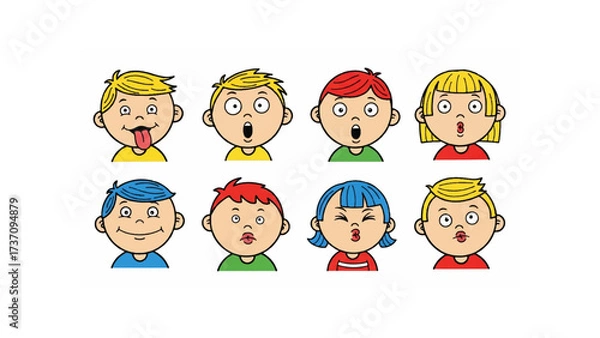 Fototapeta Cartoon illustration of eight different children making various facial expressions in a colorful arrangement
