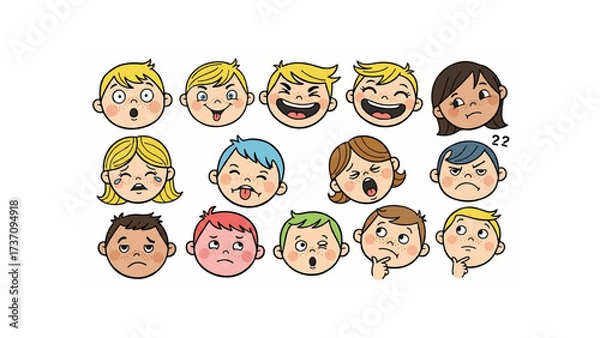 Fototapeta Cartoon illustration showing a variety of different facial expressions of children and teenagers in a group