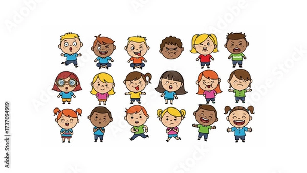 Fototapeta Illustration of a diverse group of cartoon children expressing various emotions and wearing different outfits