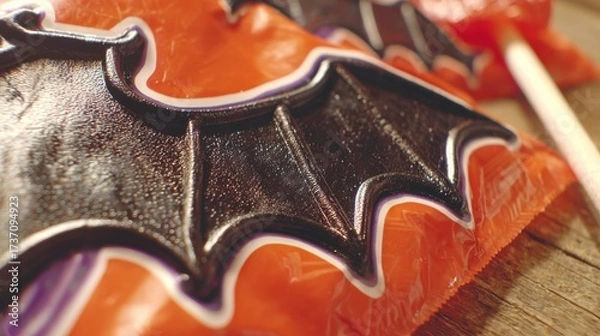 Fototapeta Close-Up of Colorful Halloween Candy with Bat Design on Background of Crinkled Orange Wrapper and Natural Wooden Surface