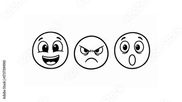 Fototapeta Three cartoon eggs displaying different emotions including happy angry and surprised in black and white line art