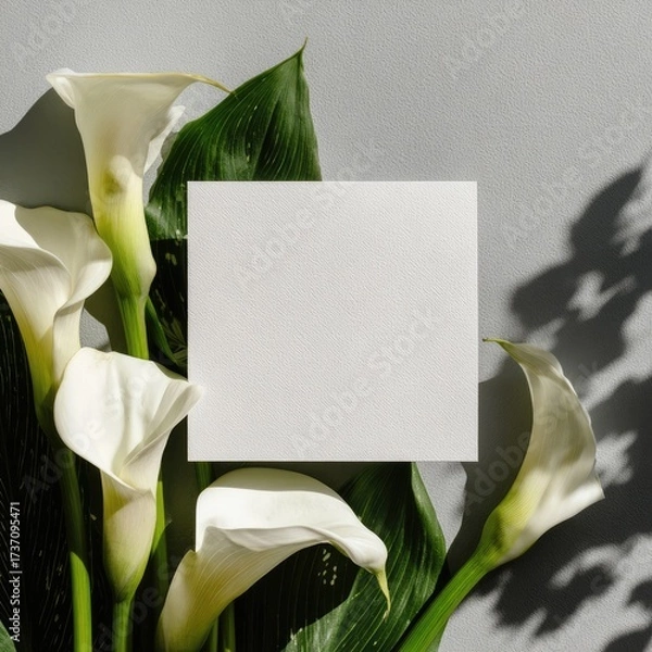 Obraz White calla lilies, green leaves, and a blank white card on a grey background with shadows