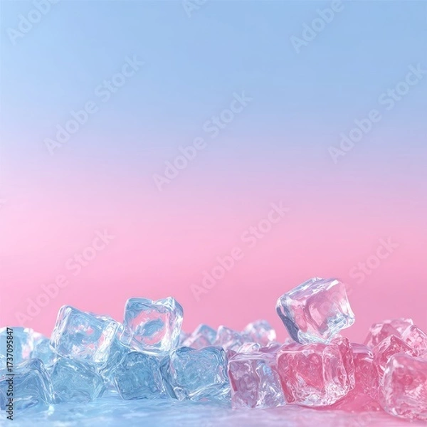Obraz Transparent ice cubes on a gradient background of pastel pink and blue