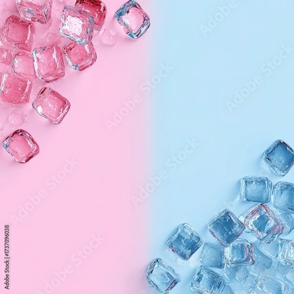 Obraz Pink & blue halved background with scattered ice cubes on each side, melting drops visible