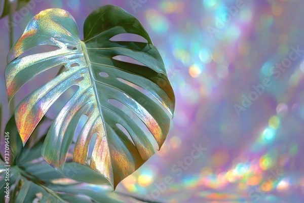 Obraz Close-up of a large split-leaf philodendron leaf with iridescent sheen & bokeh background