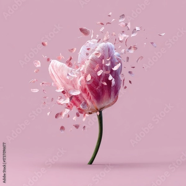 Obraz Pink tulip with scattered petals against a soft pink background; concept of disintegration