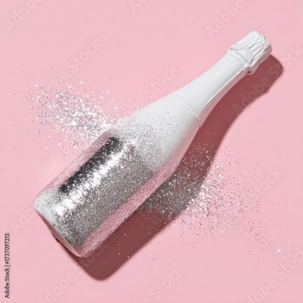 Obraz A white champagne bottle covered in silver glitter lays on a pink background with spilled shimmer