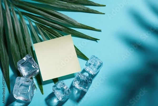 Obraz Palm frond, ice cubes, and blank sticky note on turquoise surface with shadows