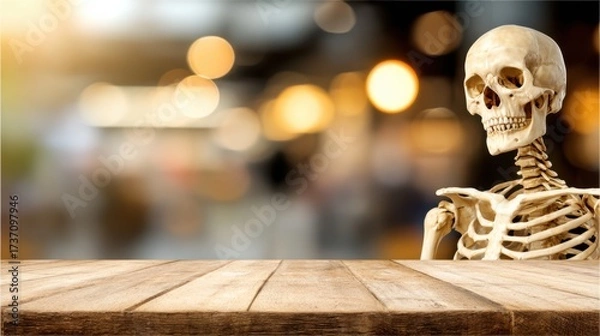 Fototapeta Human skeleton on wooden table with blurred background in a medical or educational setting showcasing anatomy and health concepts