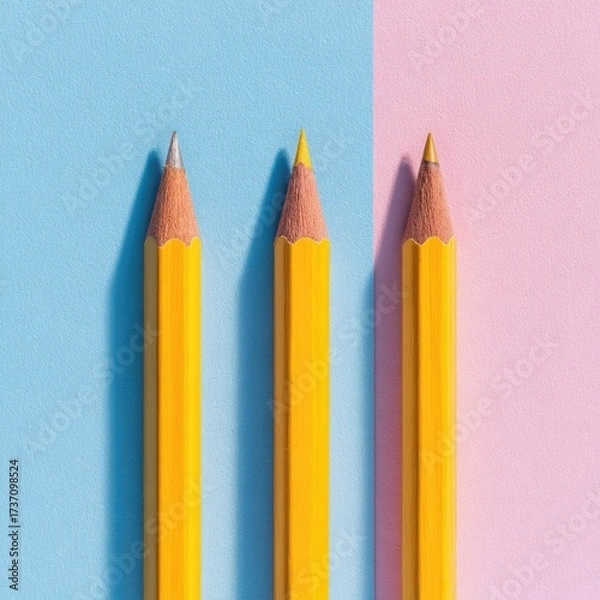 Obraz Three yellow pencils stand against a blue and pink background, casting shadows