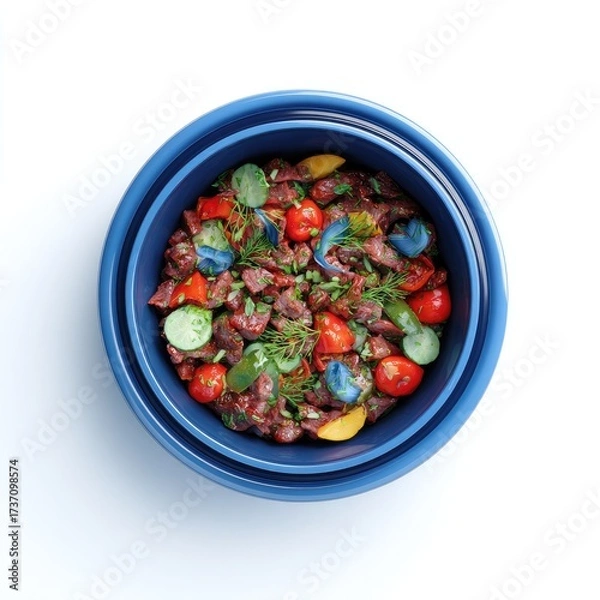 Fototapeta Nested blue bowls filled with a colorful mix of cooked meat, vegetables