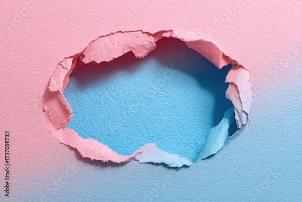 Obraz A torn, irregularly shaped hole in a pink-and-blue lit surface revealing a blue void