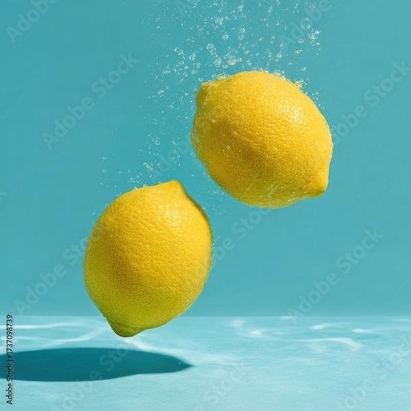 Obraz Two bright yellow citrus fruits submerged in aqua water with light reflections