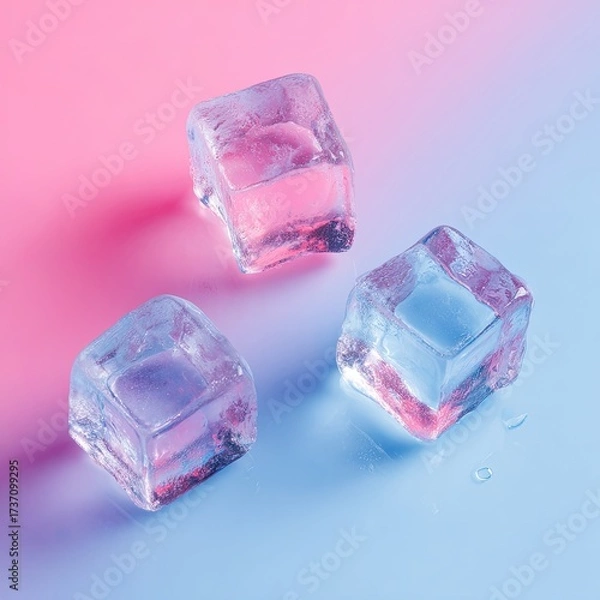 Obraz Three translucent ice cubes sit on a surface with pink and blue gradient lighting